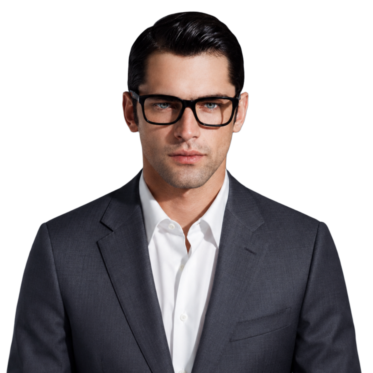 Front-facing portrait of a man in dark-framed glasses and a grey suit, the reference face for facial feature landmark scoring