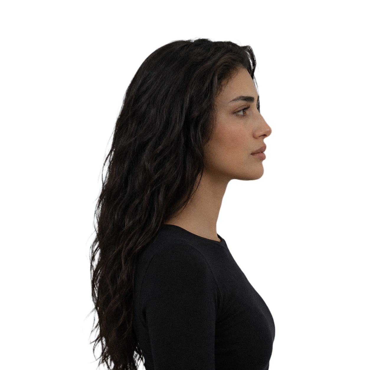 Side profile of a woman with long dark hair, used to assess nose and chin projection