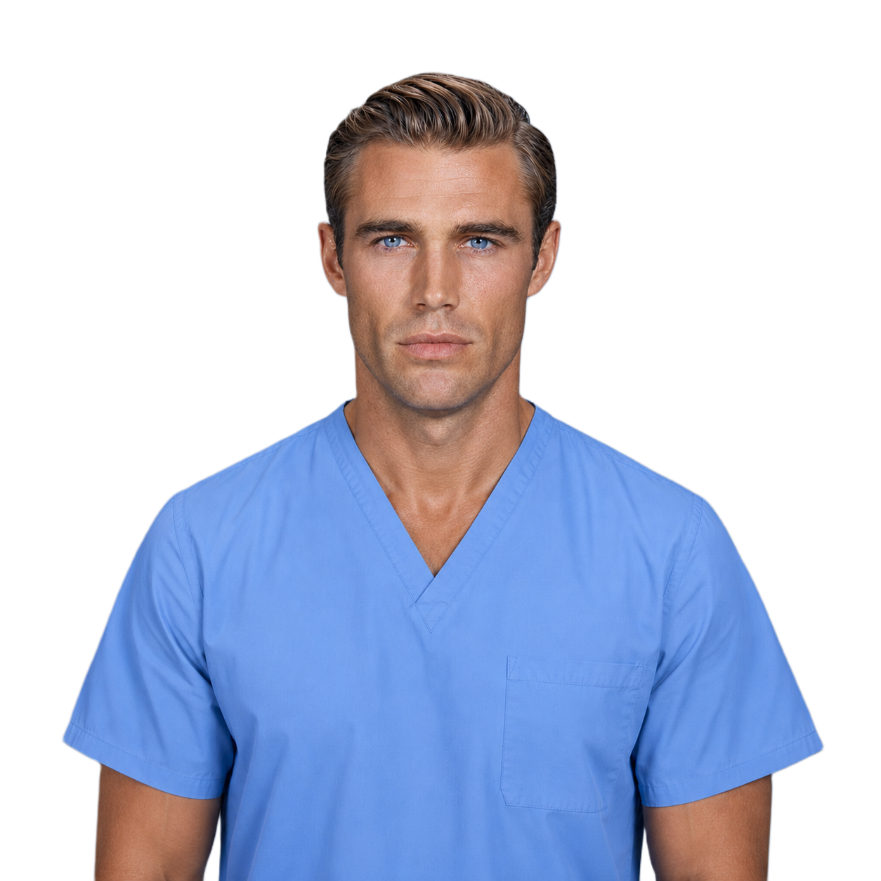 The same man after the protocol, with a wider, more defined jawline and stronger neck