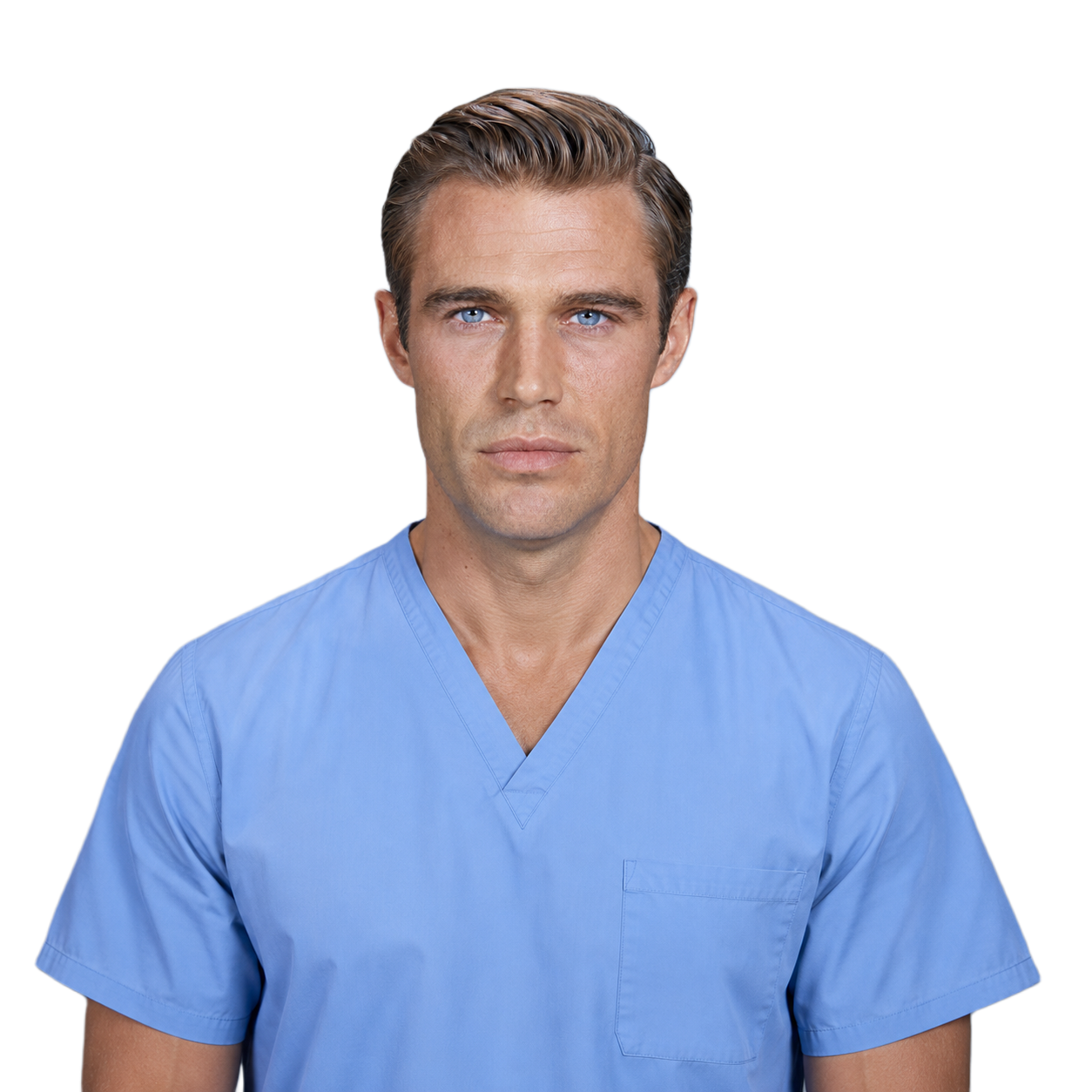 Front-facing portrait of a fair-haired man in blue scrubs before the Healthmaxxing protocol