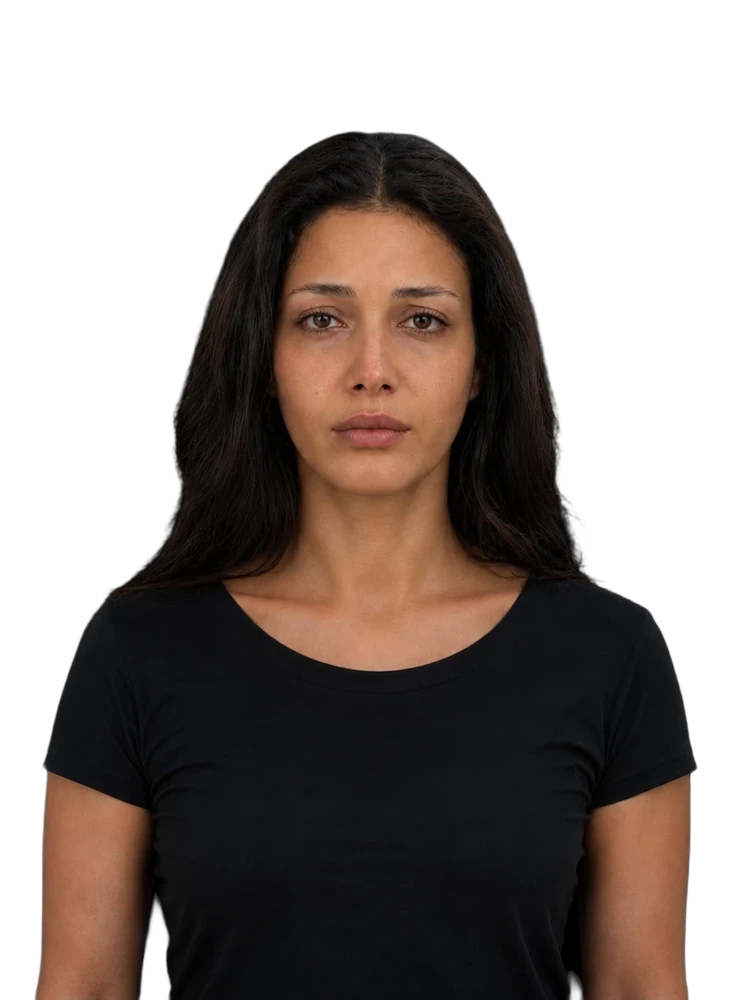 Front-facing portrait of a dark-haired woman before the Healthmaxxing protocol, with a softer midface and shadowed under-eyes
